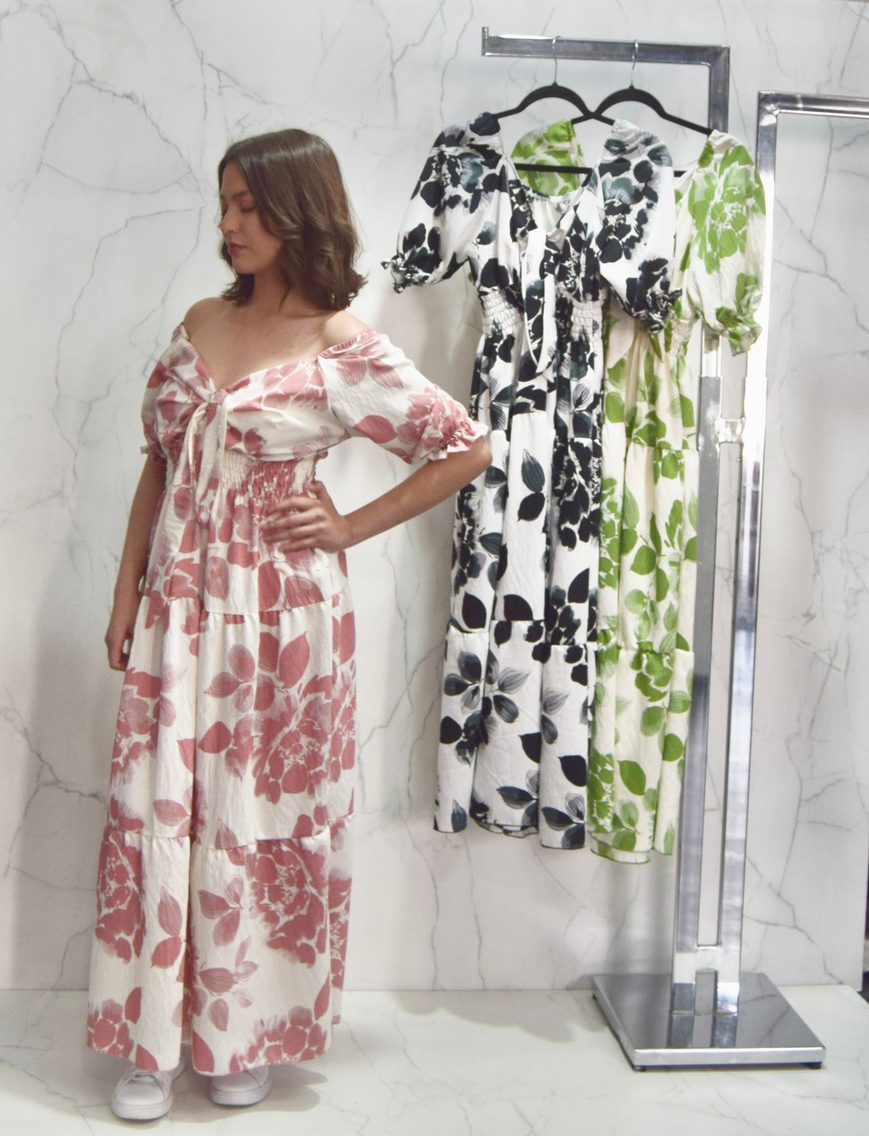 Vestido Floral Largo con Manga Abullonada